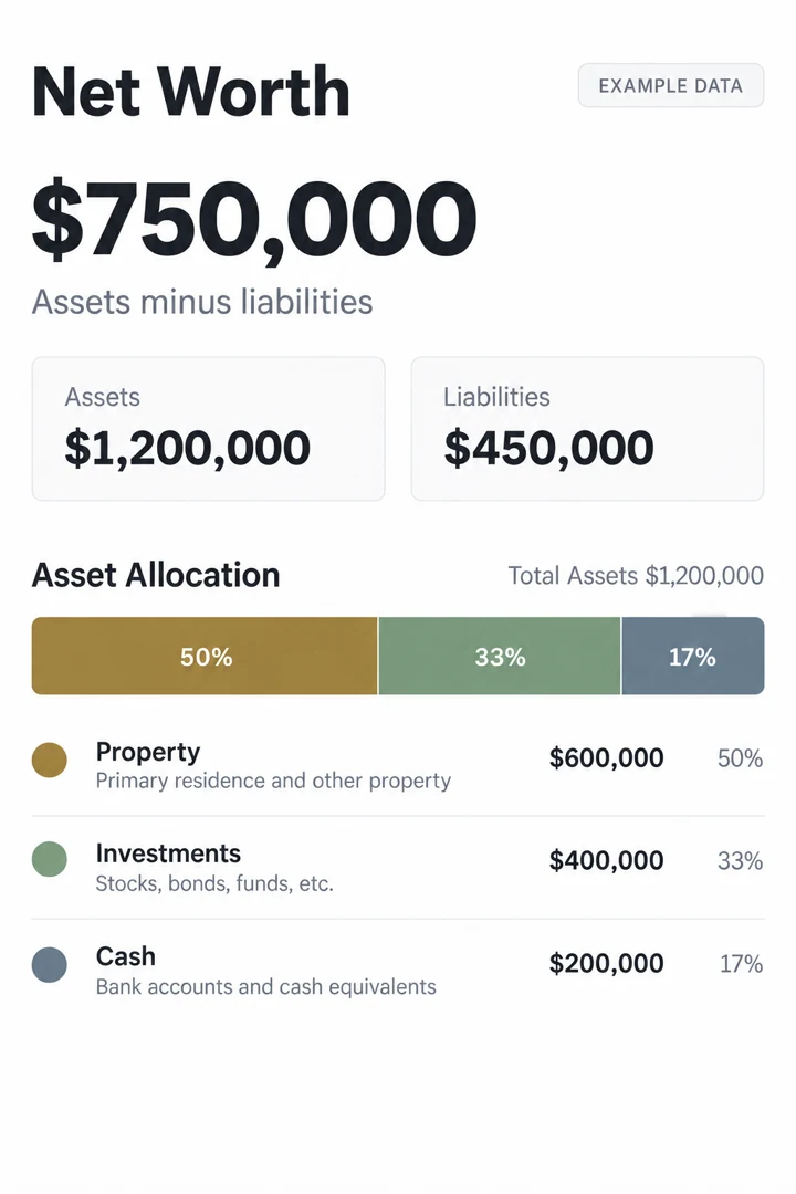 Net Worth — illustrative planning interface with example data
